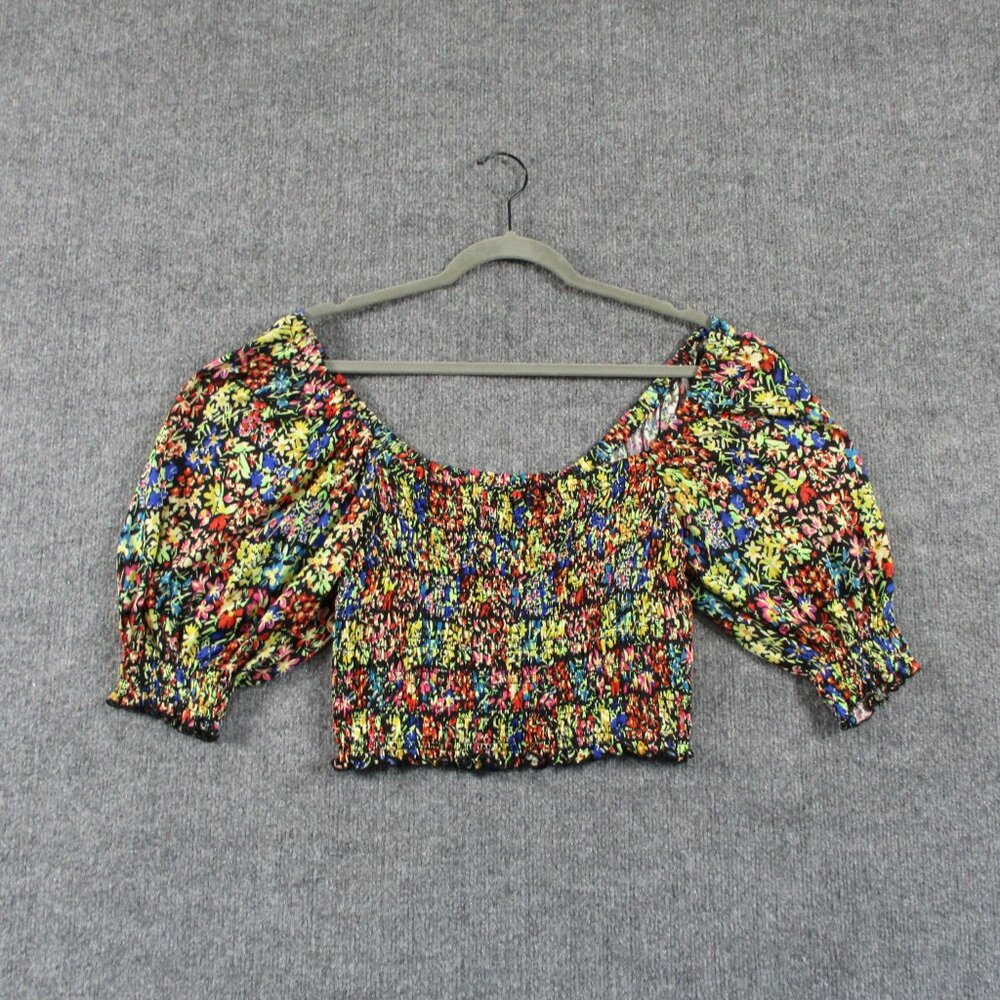Urban Outfitters Shirt Women L Black Floral Cropped Ruffle Smock Balloon Sleeve